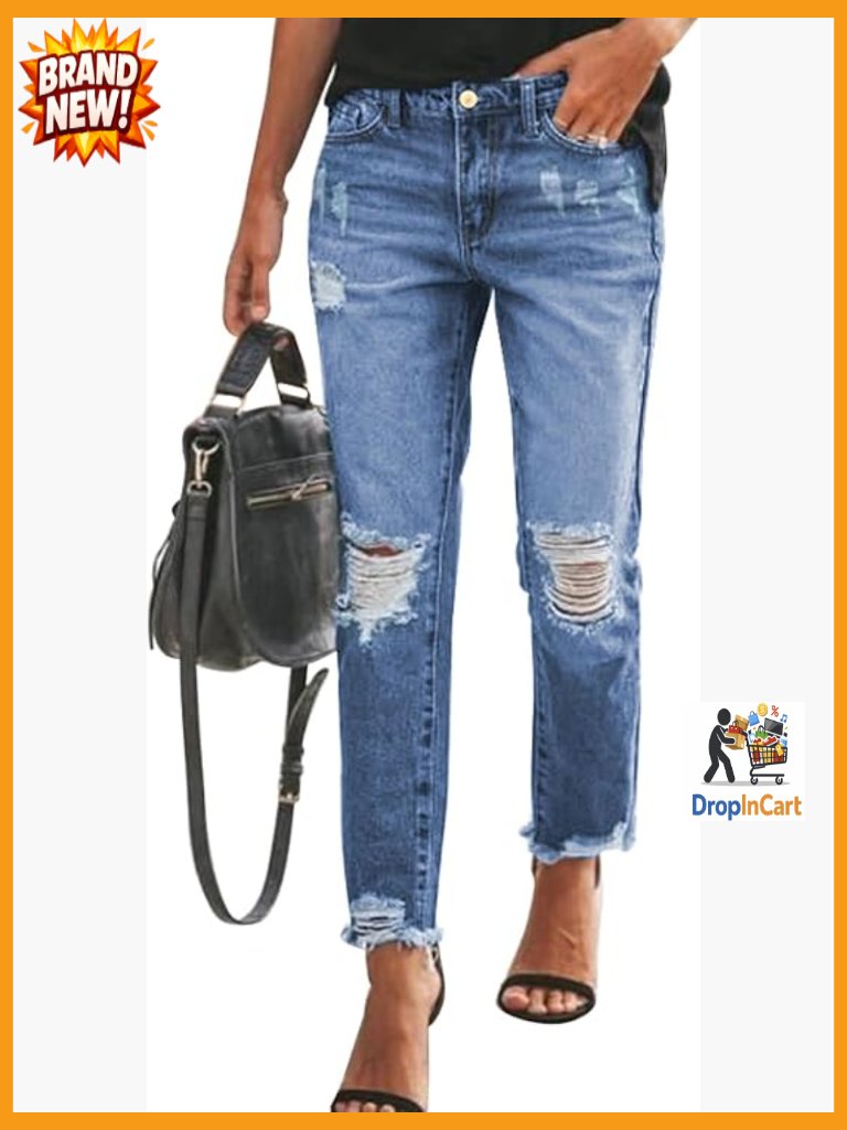 Stretchy Ripped Distressed Boyfriend Jeans High Waist Straight Leg Casual Denim